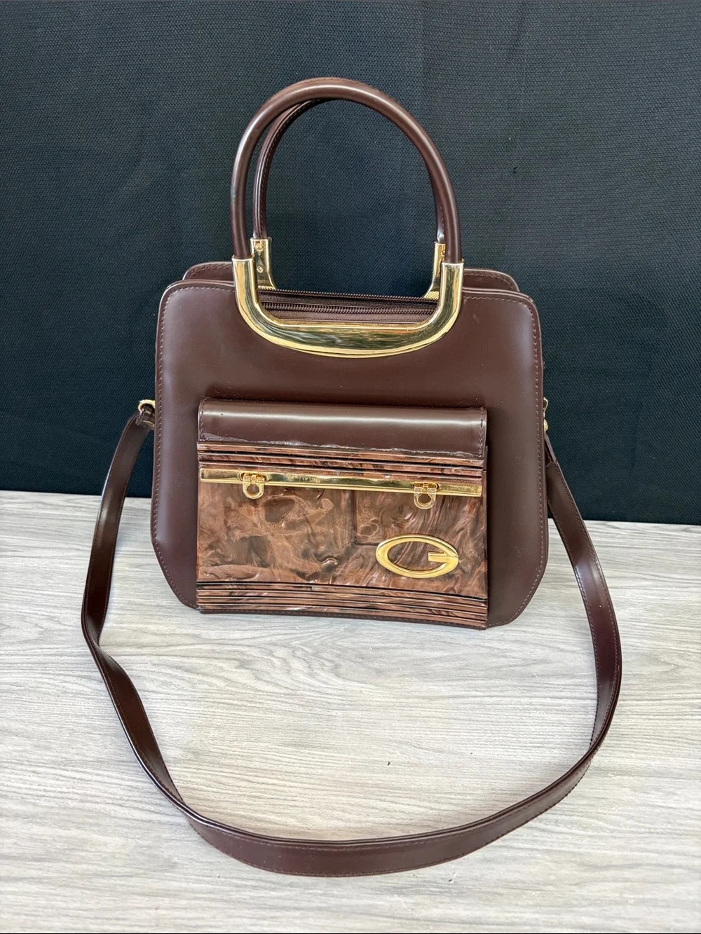 Guess Brown Satchel with Marbled Front and Gold Hardware